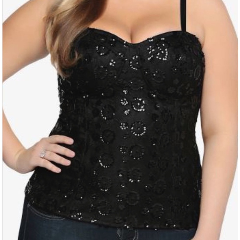 Torrid Lace Sequin Corset Bustier Top Womens Size 2 Black Floral Glam Goth Nylon